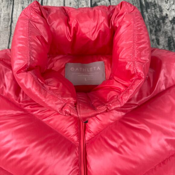 Athleta Women's Sz L Coral/pink Nylon Goose Down Zip Packable Puffer Coat Jacket - Picture 8 of 12